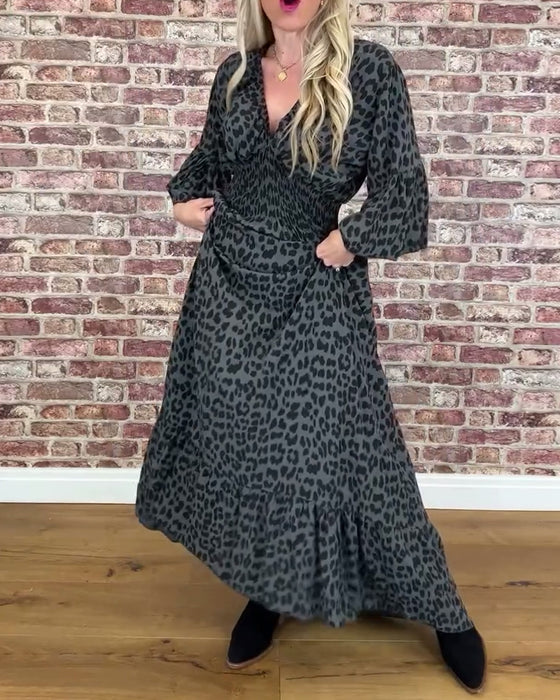 Kleid V-Ausschnitt Taille Leopardenmuster