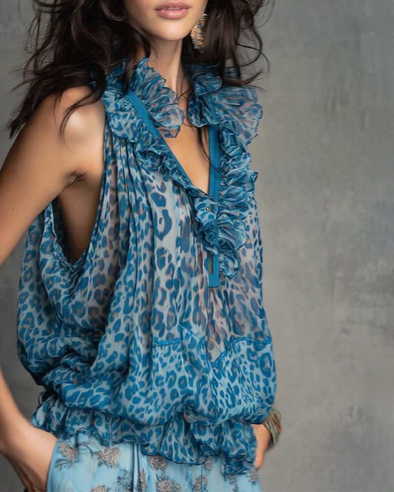 Tanktop Rüsche Ärmellos Reißverschluss Leopardenprint