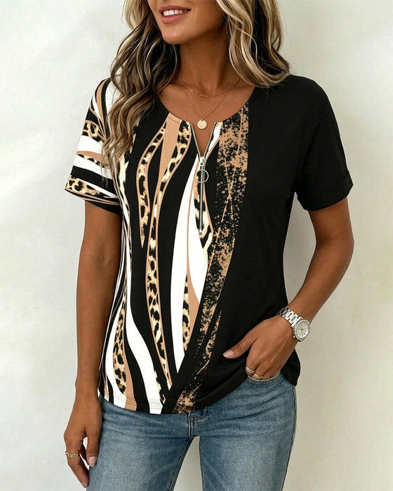 T-Shirt Reißverschluss Leopard Print Farbblock Lässig