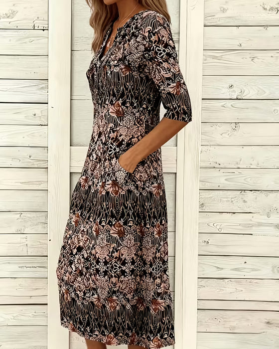 kleid v‑ausschnitt druck patchwork halbärmel