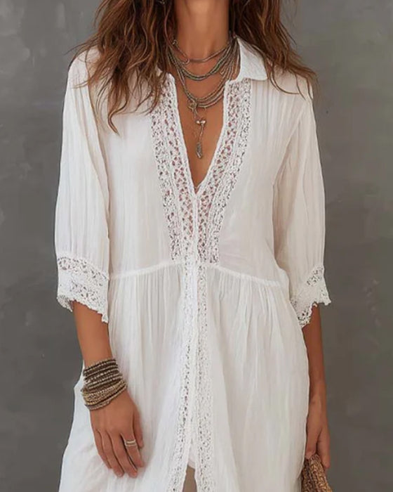 Kleid Kurzarm Spitzenbesatz Revers Lang