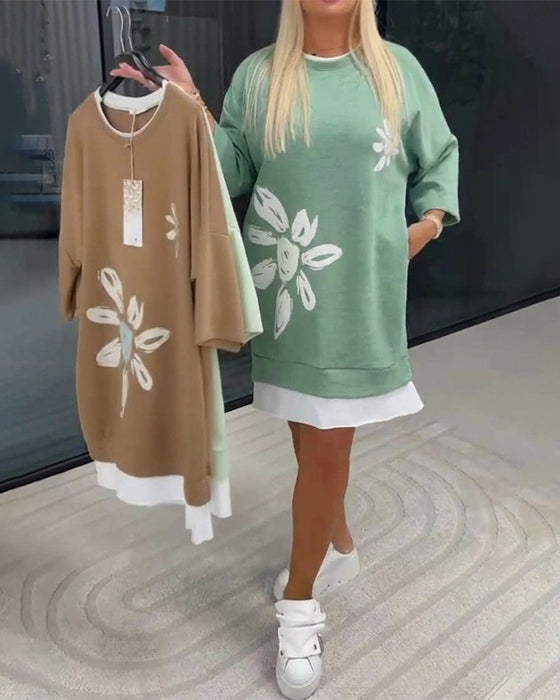 Sweatshirt-Kleid Rundhals bedruckt Patchwork