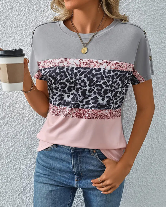 T-Shirt Rundhalsausschnitt Leopardenmuster Farbblock