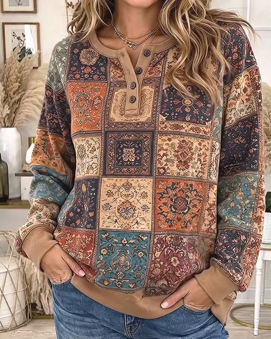 Sweatshirt Rundhals Geknöpft Karomuster Kontrast