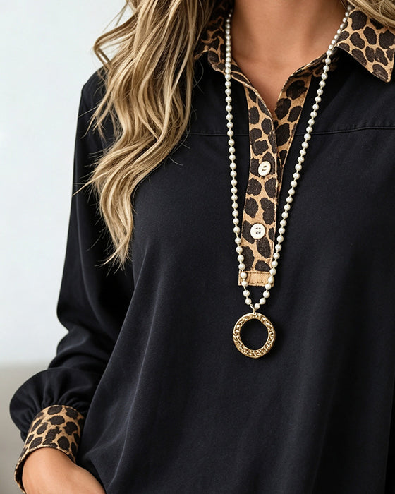 Top Leopardenmuster Revers Patchwork Knopf