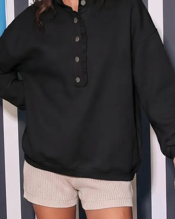 Sweatshirt Rüsche Geknöpft Langarm Locker