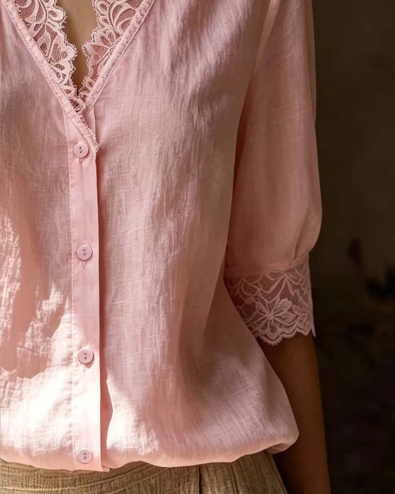 Bluse V-Ausschnitt Spitze Patchwork Uni Dreiviertel Ärmel