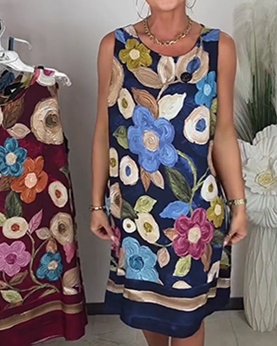 Kleid Ölgemälde Blumig Ärmellos Gerade