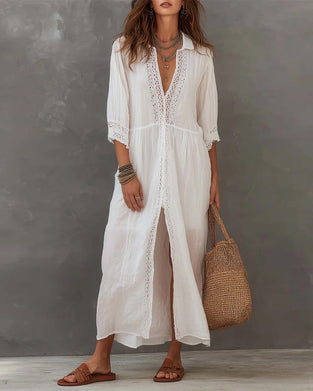 Kleid Kurzarm Spitzenbesatz Revers Lang