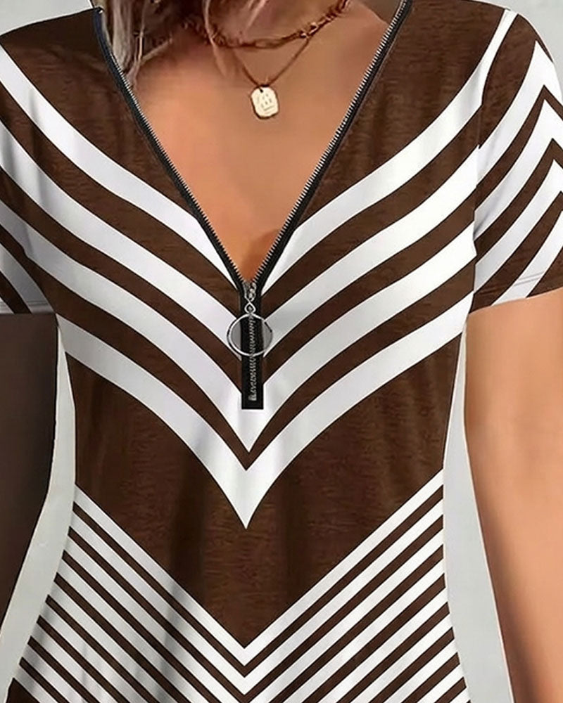 T-Shirt Reißverschluss V-Ausschnitt Gestreift