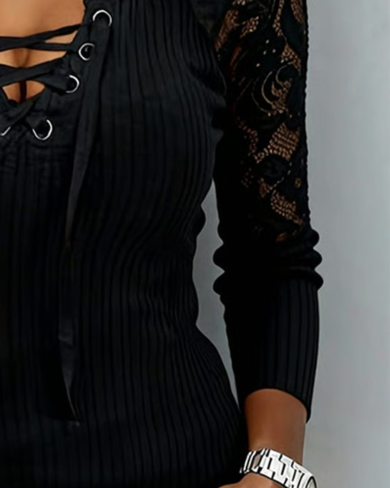 Bluse Spitze Raglan Krawatte Langer Ärmel