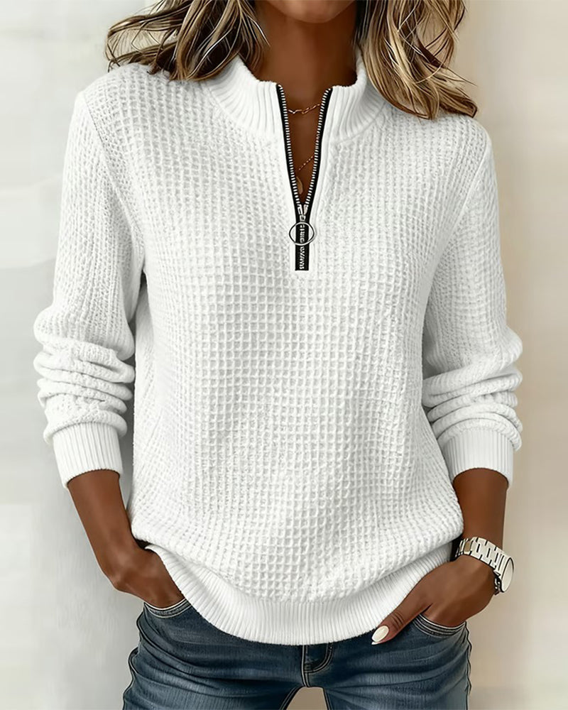 Sweatshirt Stehkragen Reißverschluss Langarm Waffel