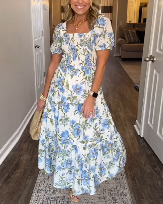 Kleid Quadratischer Ausschnitt Plissiert Blumen A-Linie