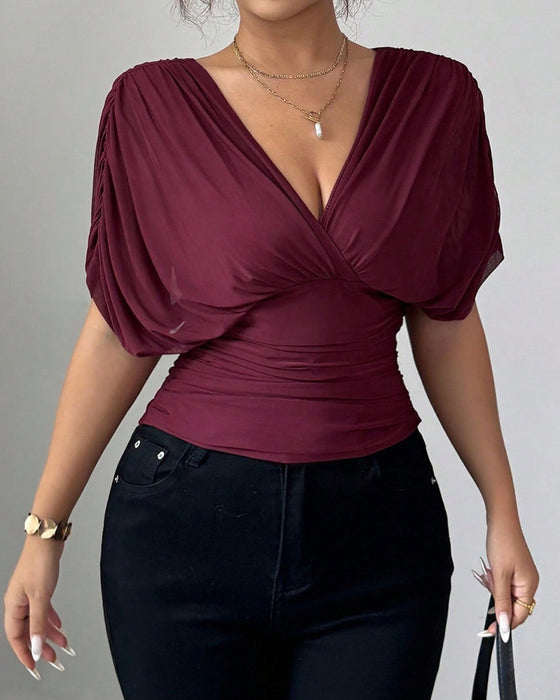 Bluse Uni Farbe Tiefer V-Ausschnitt Taille Kurzarm