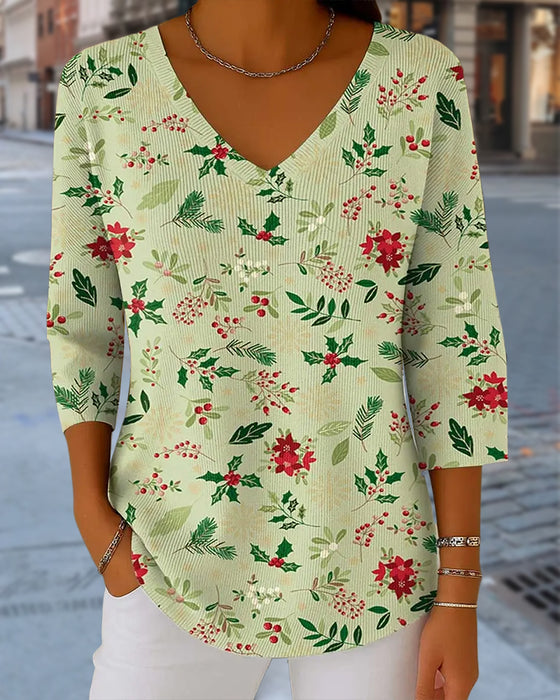 Damen Stricktop mit Weihnachtsdruck, V-Ausschnitt, 3/4-Ärmeln, Casual-Stil und lockerer Passform