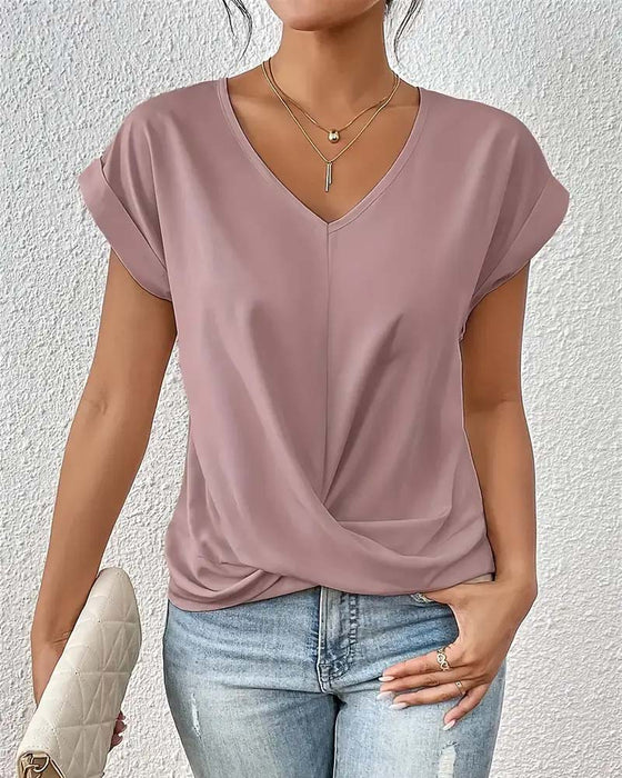 T-Shirt V-Ausschnitt Einfarbig Elegant Kurzarm