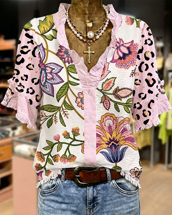 Bluse V-Ausschnitt Kontrast Print