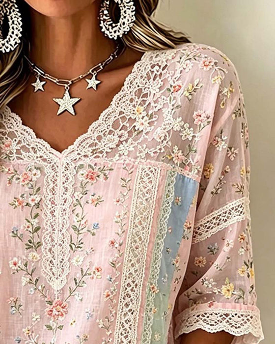 Bluse V-Ausschnitt Spitze Patchwork Kontrast Blumig