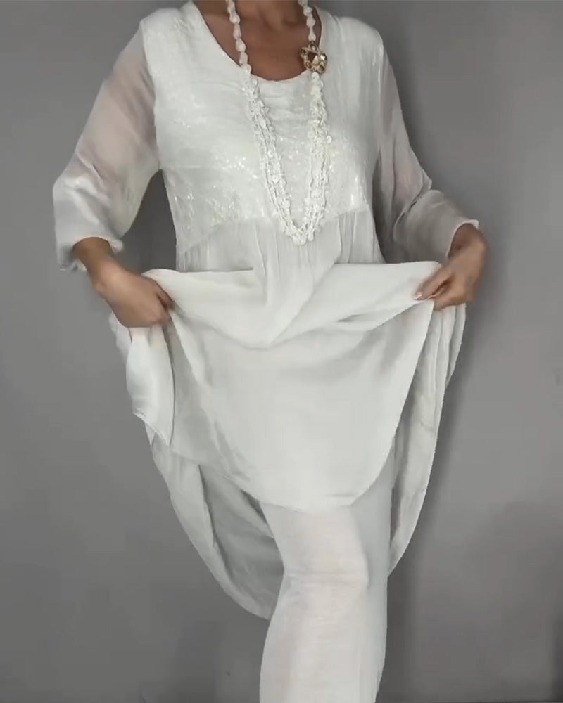 Kleid Chiffon Pailletten Patchwork Lang