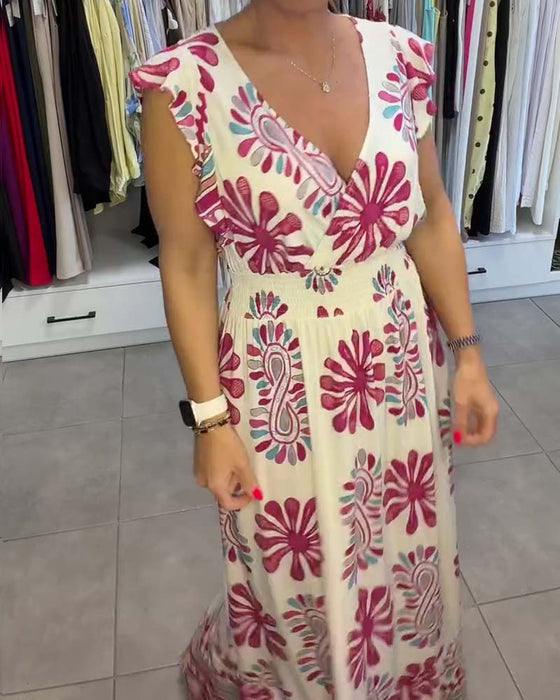 Kleid Blumen Taille-Zug Flatter-Ärmel Urlaub Maxi