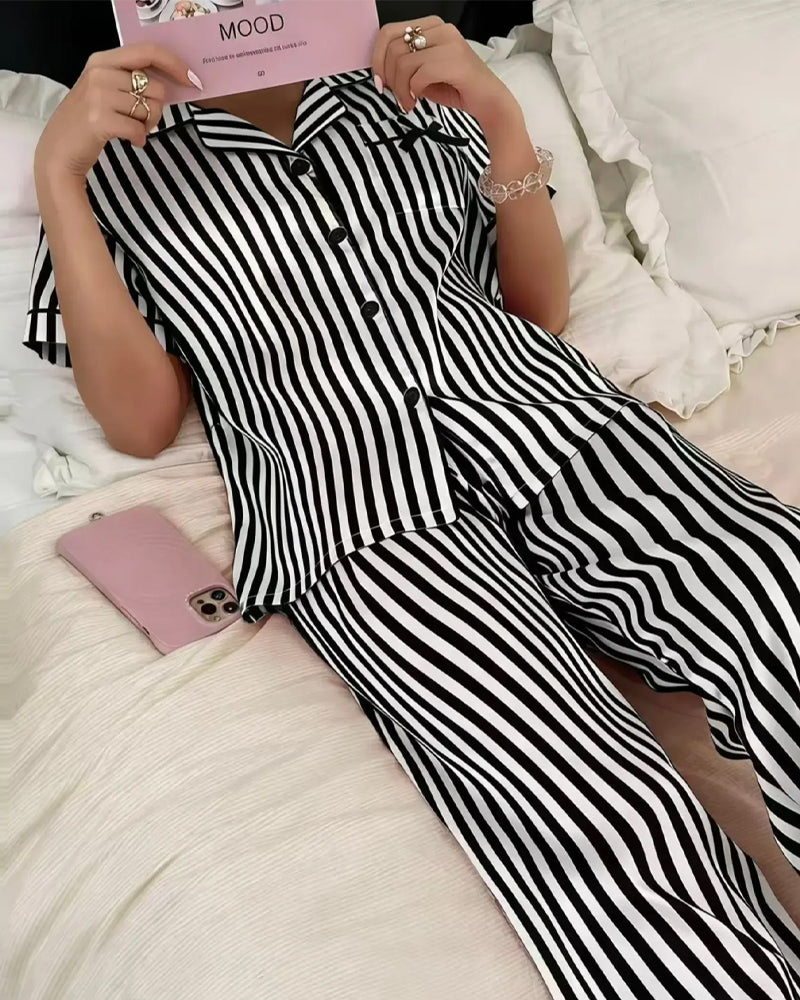 Pyjama-Set Gestreifter Hemdkragen Schleife