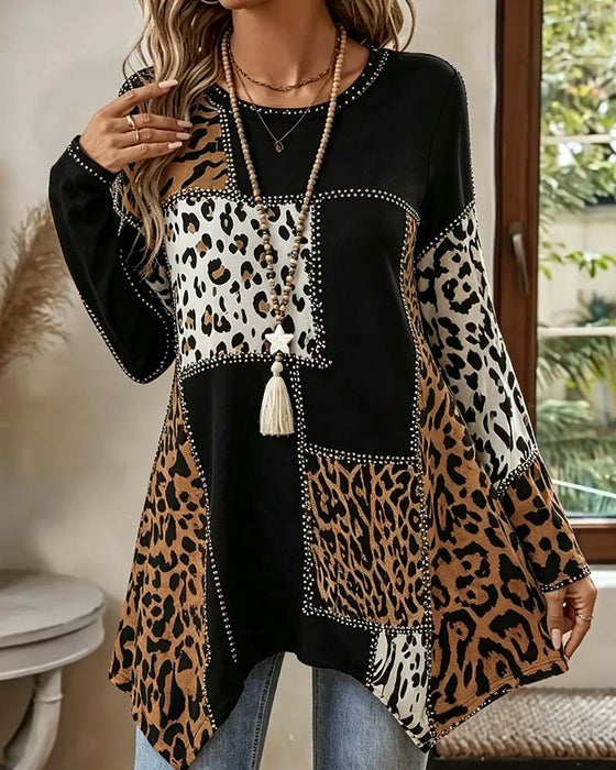 Bluse Leopard Druck Patchwork Unregelmäßig