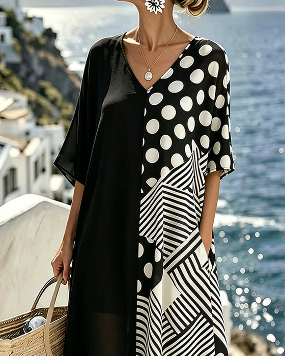 Kleid V-Ausschnitt Polka Dot Streifen Patchwork