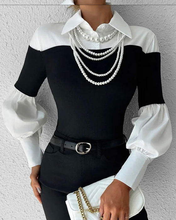 Oberteil Farbblock Off-Shoulder Laterne Ärmel Patchwork