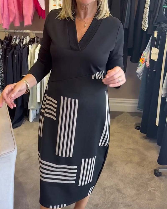 Kleid Geometrischer Streifen V-Ausschnitt Bodycon Midi