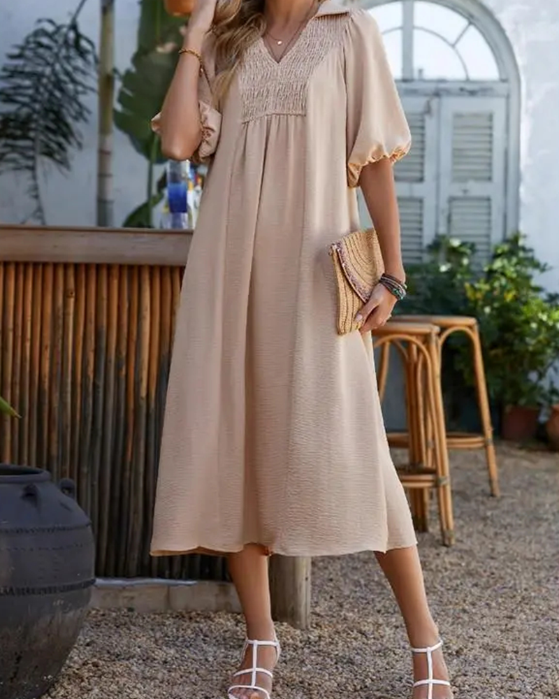 Kleid V-Ausschnitt Klappe Puff Ärmel Maxi