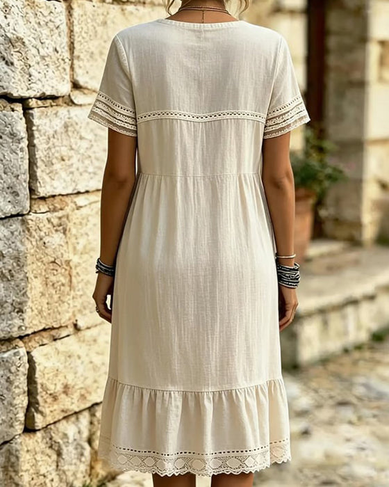 Kleid Spitze Rüsche Rund-Hals Kurzarm