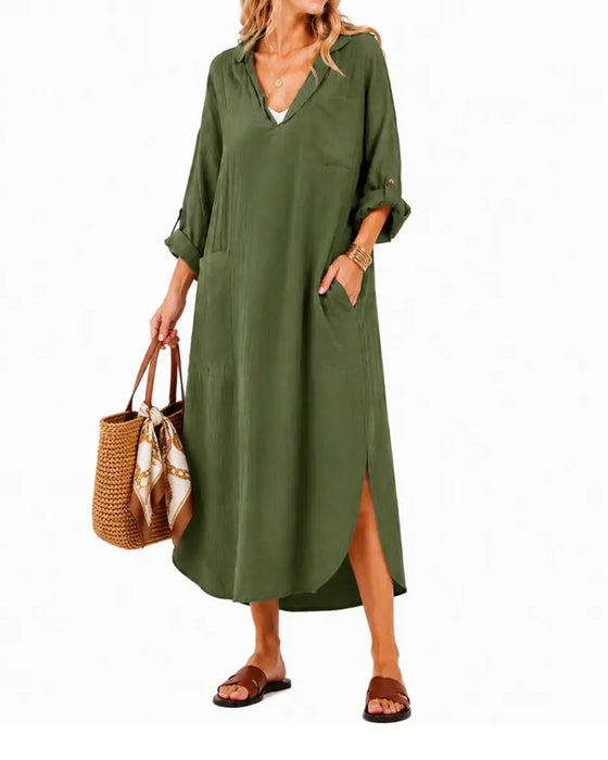 Kleid Revers V-Ausschnitt Tasche Schlitz