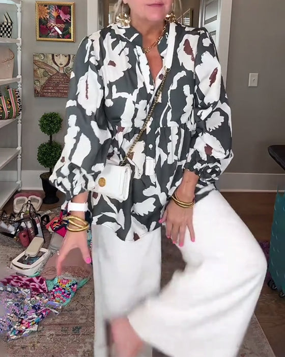 Bluse Blumenprint Rüschenbesatz Locker