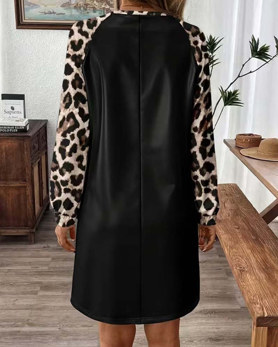 Kleid Rund-Hals Leopard Flickwerk