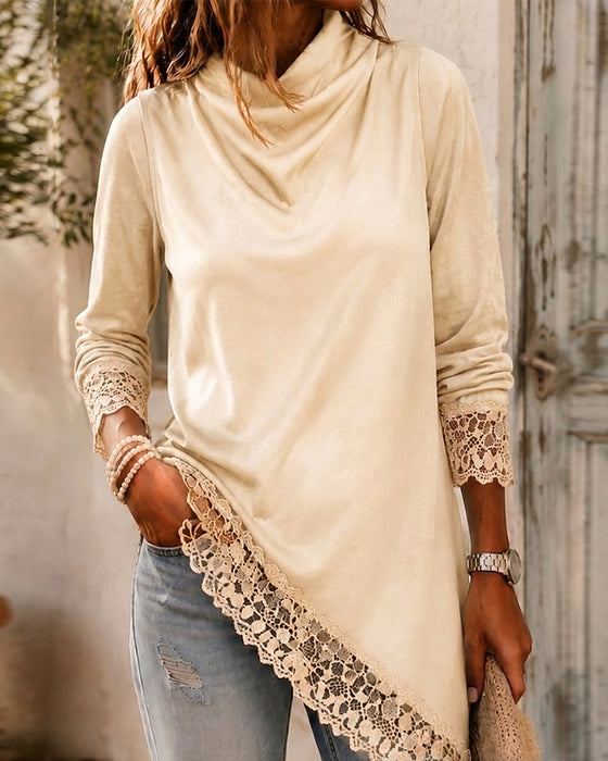 Oberteil Mock Neck Spitze Patchwork Unregelmäßig