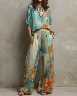Set V-Ausschnitt Blumige Bluse + Gerade Bein Hosen