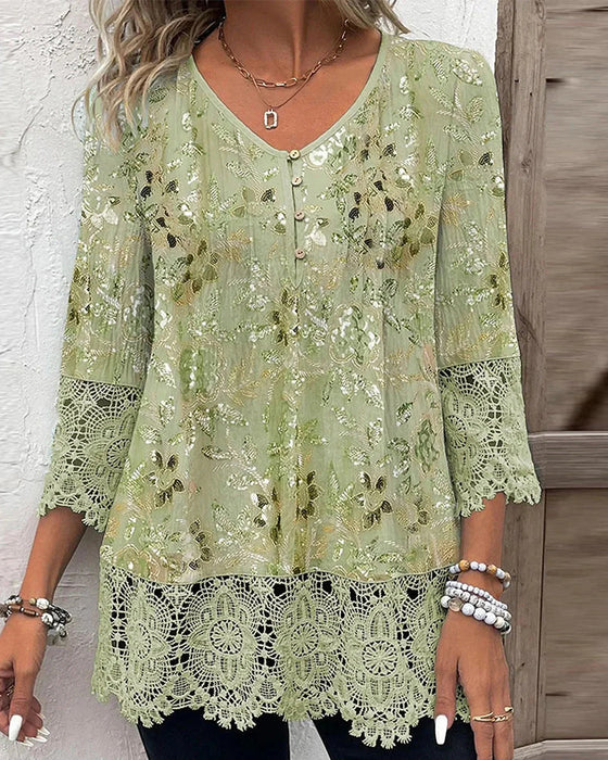 Bluse Spitze Patchwork Blumen V-Ausschnitt