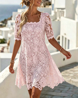 Kleid Spitze Patchwork Ausgeschnitten Quadratischer Ausschnitt