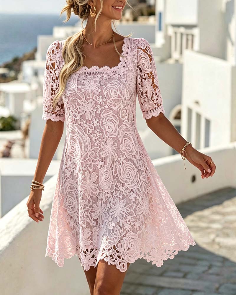 Kleid Spitze Patchwork Ausgeschnitten Quadratischer Ausschnitt