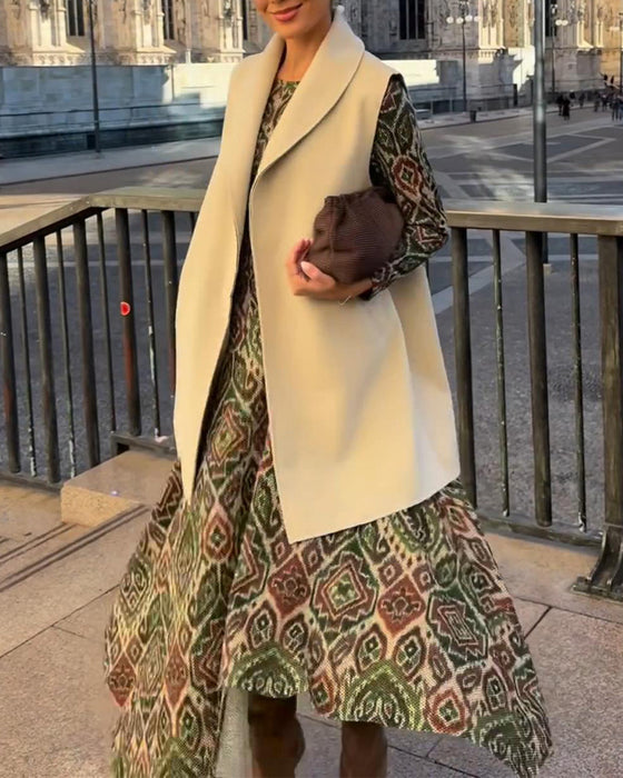 Kleid Modisch retro bedruckt mit Schlitz