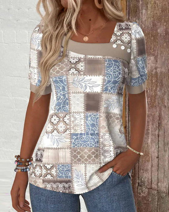 T-Shirt Schulterfrei Puzzleprint Kurzarm