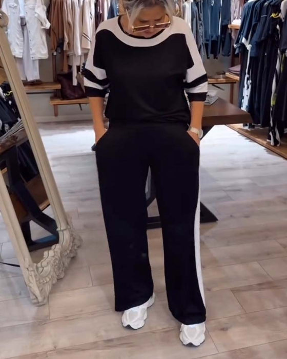 Set kurzärmlig Kontrastfarbe lässige gerade Hose