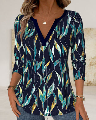 T-Shirt lässiger Blätterdruck V-Ausschnitt