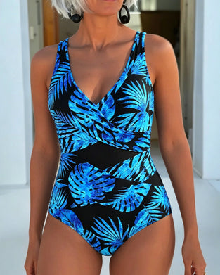 One-Piece Schwarz Hintergrund Blau Monstera Blatt Badeanzug