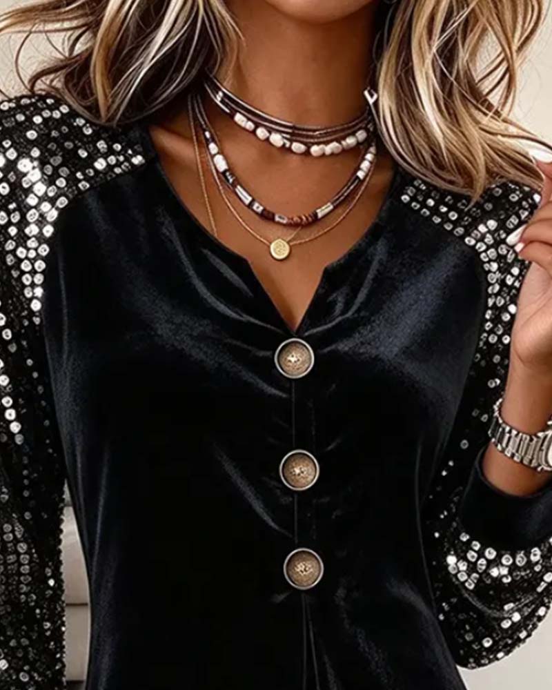 Kleid Kleiner V-Ausschnitt Pailletten Ärmel