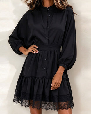 Kleid Stehkragen Laternenärmel Spitze Patchwork