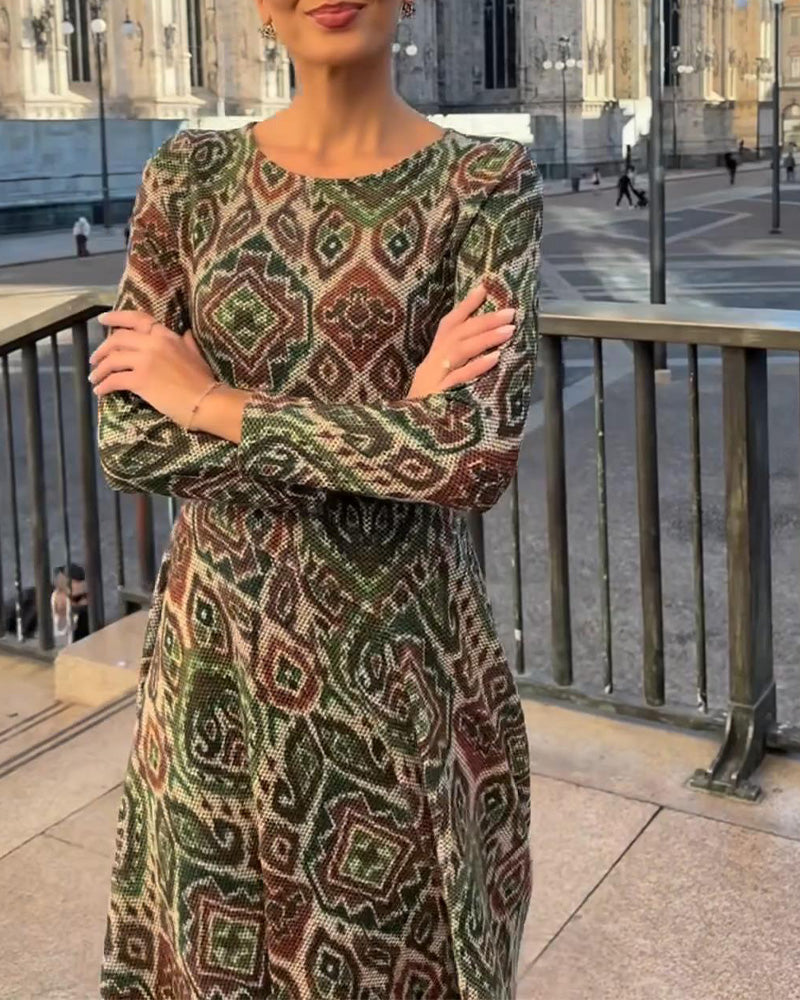 Kleid Modisch retro bedruckt mit Schlitz