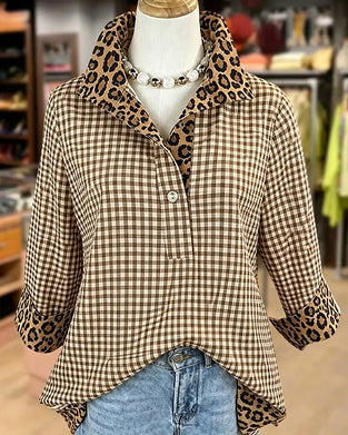 Bluse Revers Leopard Patchwork Karo