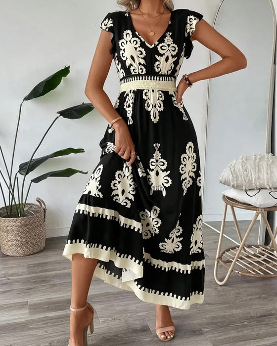 Lässiges Kleid Mit V-Ausschnitt Und Druckmuster