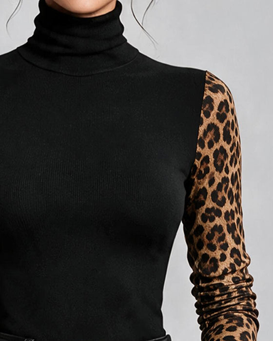 Oberteil Leopardenmuster Zusammengesetzt Hoher Hals Slimfit
